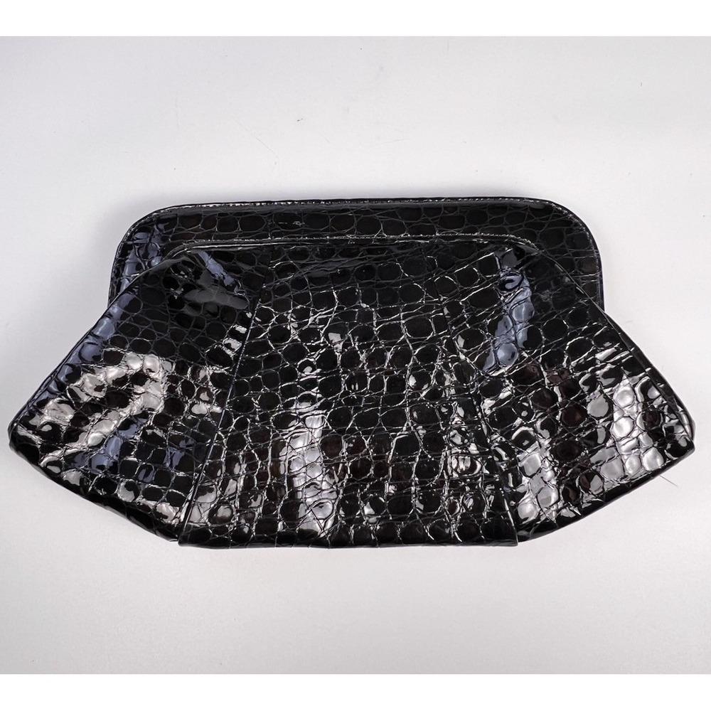 Designer Lauren Merkin Clutch Black Patent Croc Embossed Leather Handbag Purse